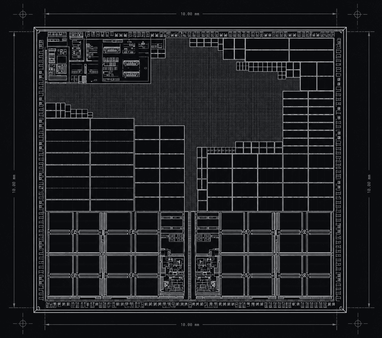 Floorplan of the Holodi S1 die, 10.00 mm square, showing the core, memory and I/O blocks.