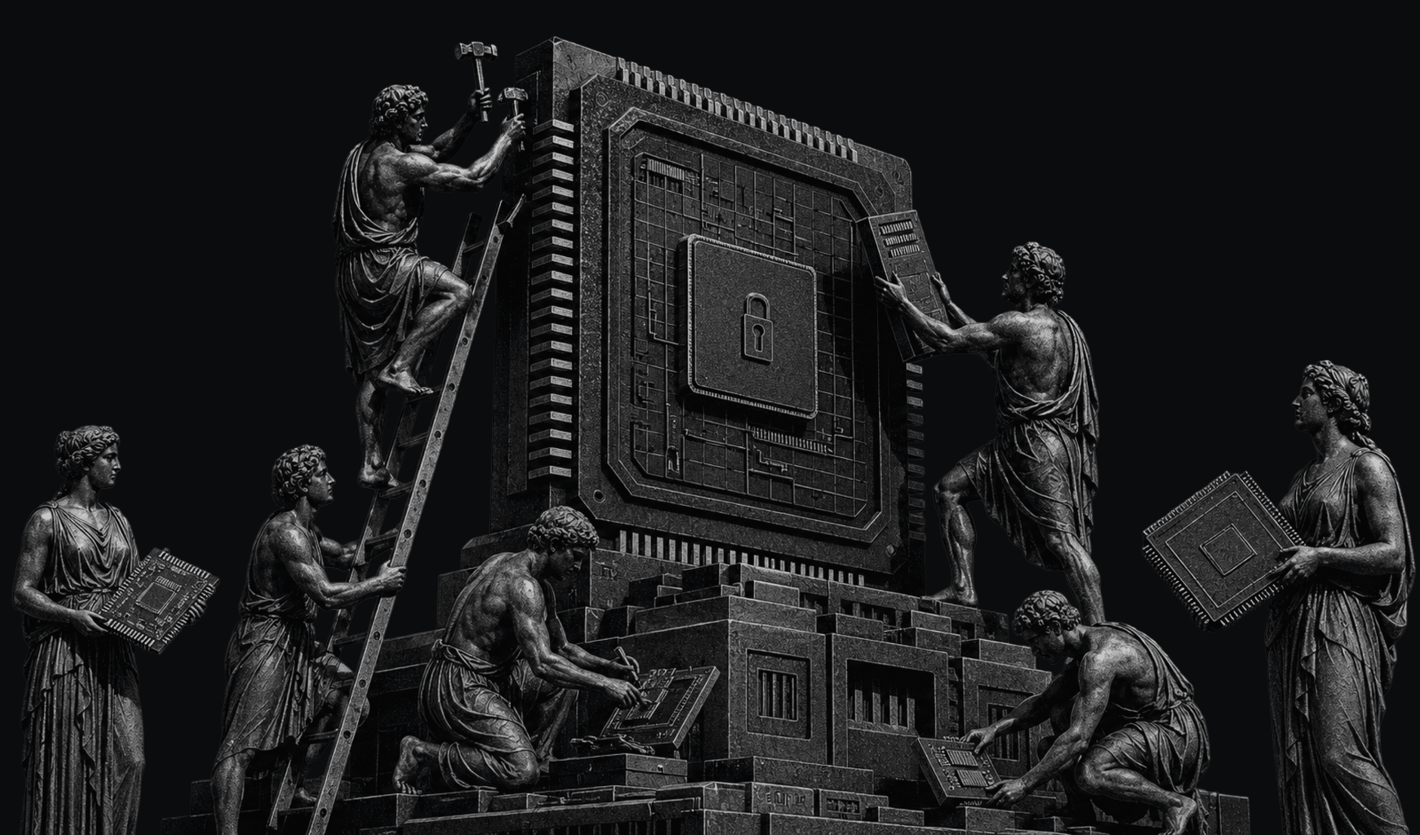 Classical figures assembling a locked processor on a stone pedestal